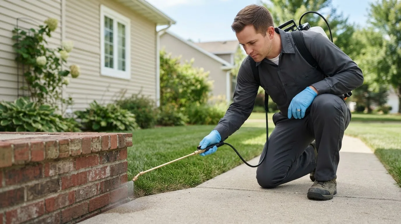 Pest control technician treating a home near Dana, IN